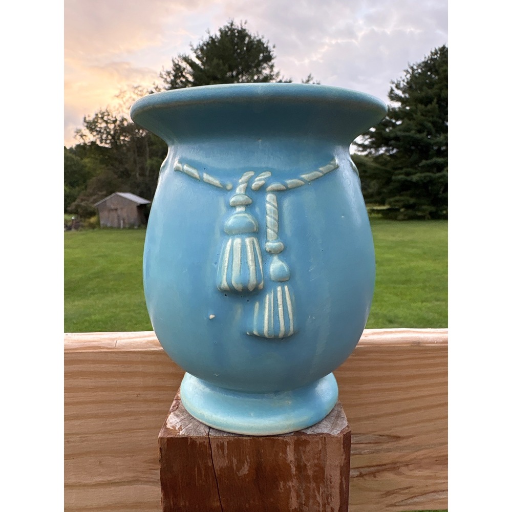 Vintage Blue Ceramic Tassel Rope Vase Turquoise Urn Hollywood Regency Decor